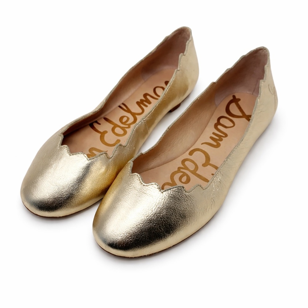 Sam Edelman Augusta Ballet Flats 8M Gold Metallic Scallop Toe Leather Sz 8